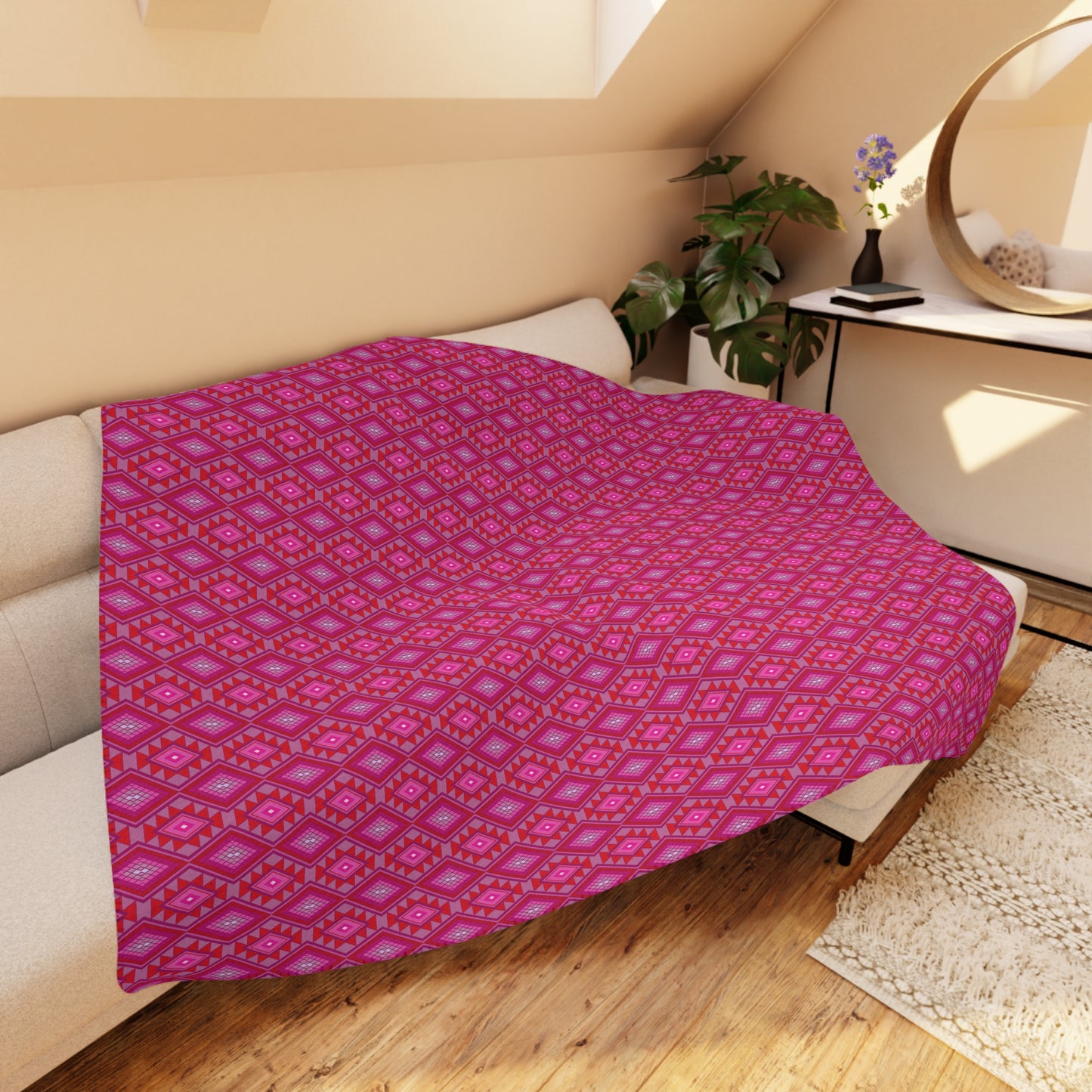 Plush Tan Sherpa Blanket with Pink Native Design Backing — Cozy Throw for Living Room & Travel
