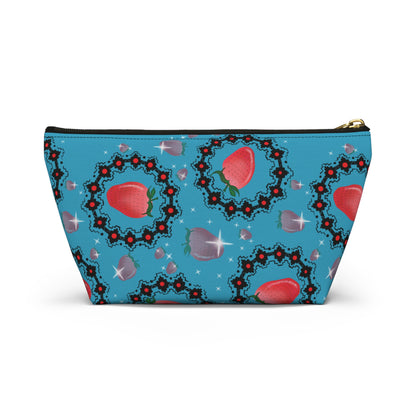 Blue Strawberry Pattern Accessory Pouch — Floral Cosmetic Bag with T-Bottom