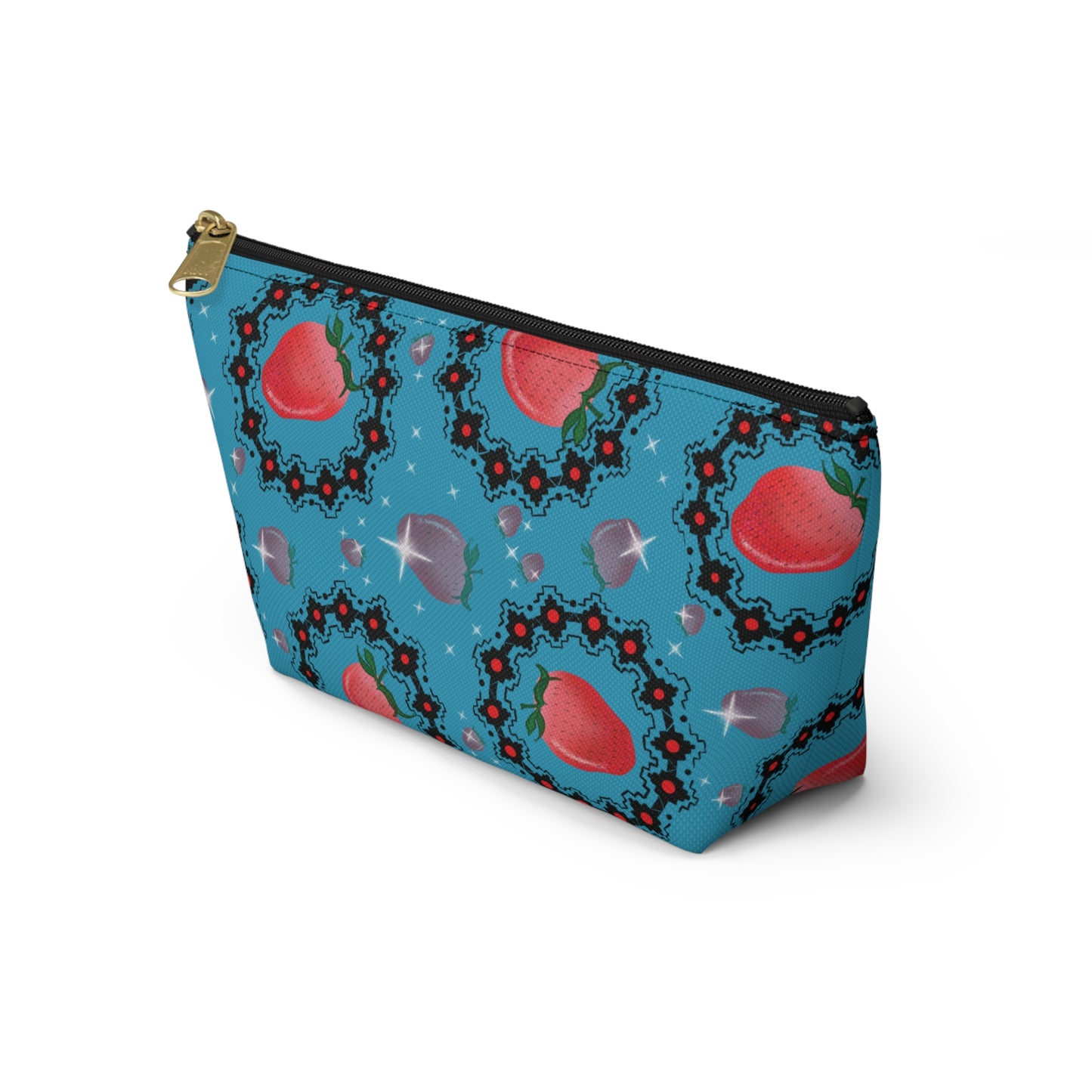 Blue Strawberry Pattern Accessory Pouch — Floral Cosmetic Bag with T-Bottom