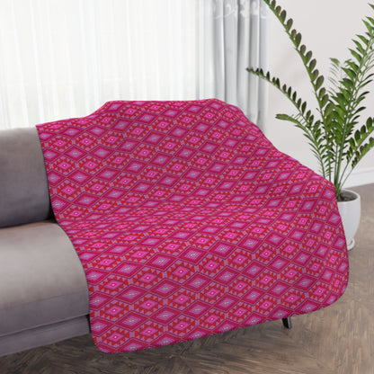 Plush Tan Sherpa Blanket with Pink Native Design Backing — Cozy Throw for Living Room & Travel
