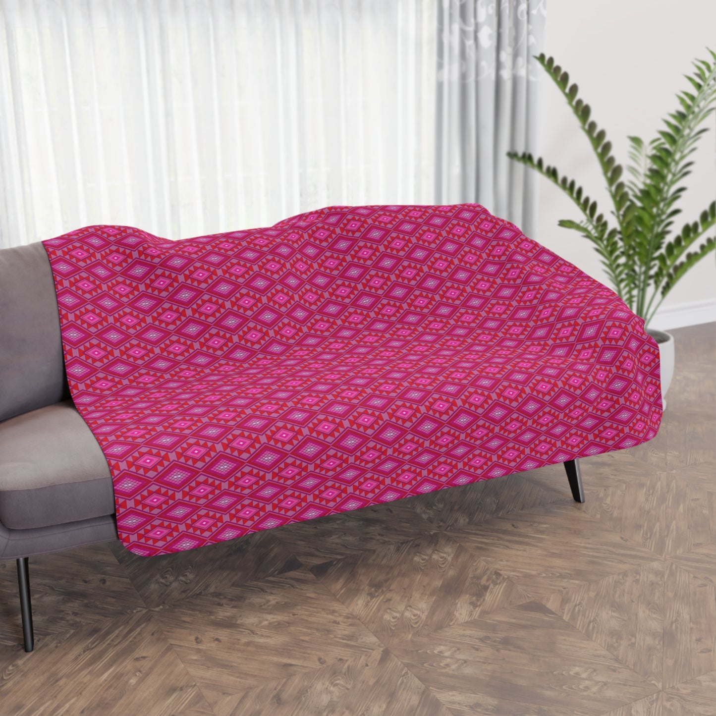 Plush Tan Sherpa Blanket with Pink Native Design Backing — Cozy Throw for Living Room & Travel