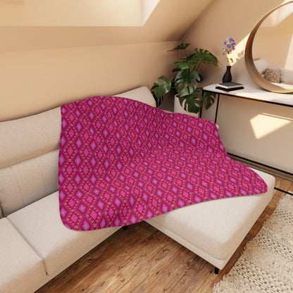 Plush Tan Sherpa Blanket with Pink Native Design Backing — Cozy Throw for Living Room & Travel