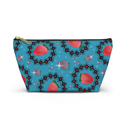 Blue Strawberry Pattern Accessory Pouch — Floral Cosmetic Bag with T-Bottom
