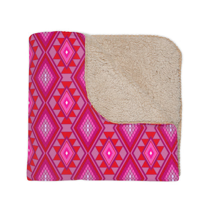 Plush Tan Sherpa Blanket with Pink Native Design Backing — Cozy Throw for Living Room & Travel