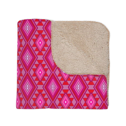Plush Tan Sherpa Blanket with Pink Native Design Backing — Cozy Throw for Living Room & Travel
